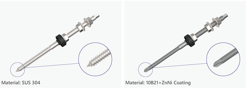 SUS 304 & 10B21 Solar Hanger Bolt Comparison SUS 304 stainless steel hanger bolt and 10B21 Zn-Ni coated hanger bolt for commercial metal roof solar mounting