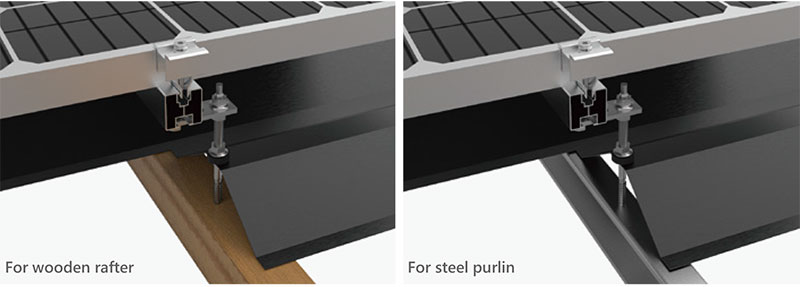 Solar Hanger Bolt Mounting for Wooden Rafter & Steel Purlin Dual installation display of solar hanger bolt for wooden rafter and steel purlin on industrial metal roof