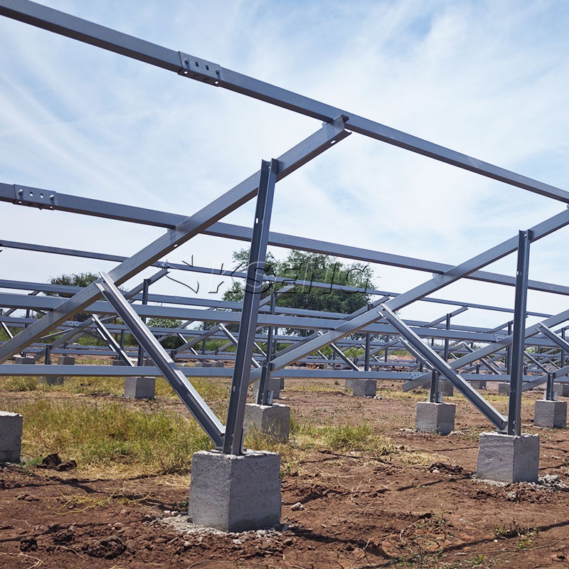 Commercial solar farm ZAM ground rack concrete foundation field installation