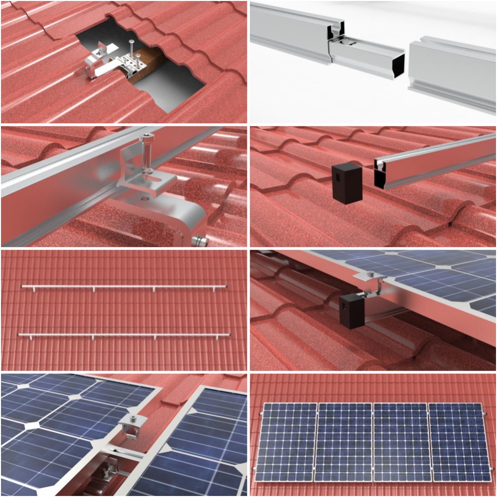 R121 tile roof solar mounting system installation with roof hooks, rails and clamps