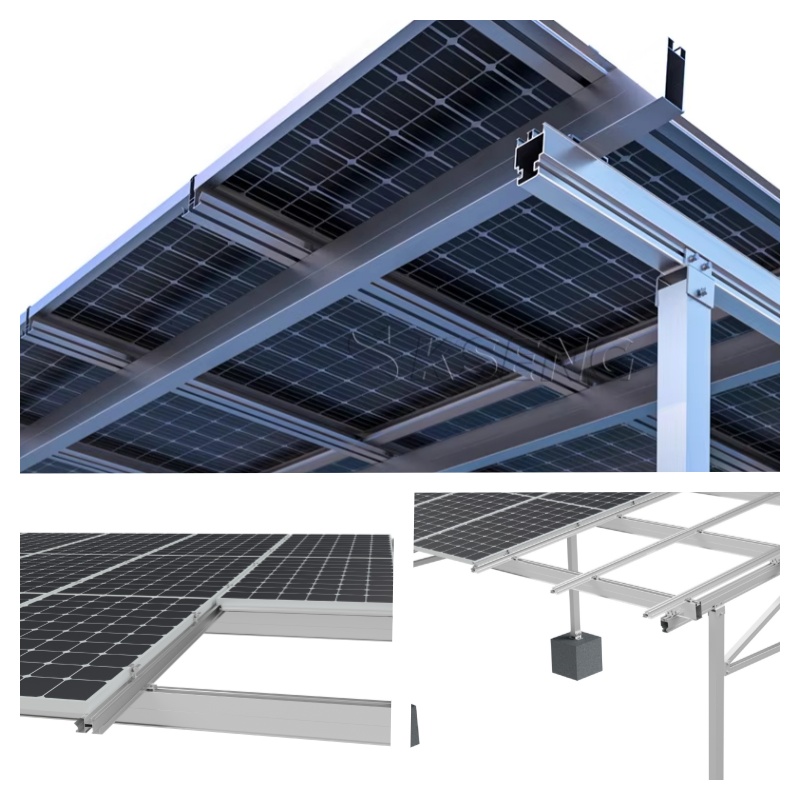 Aluminum diagonal braces connecting solar carport beams and columns