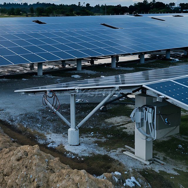 East-West solar ground mounting system with pile foundation installed in utility-scale solar farm