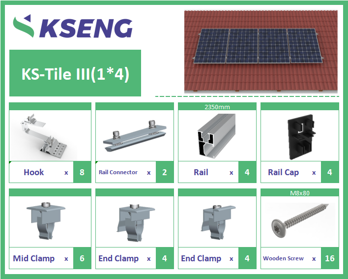 Kseng R061 tile roof solar mounting system with HA-1101 roof hook and mounting components