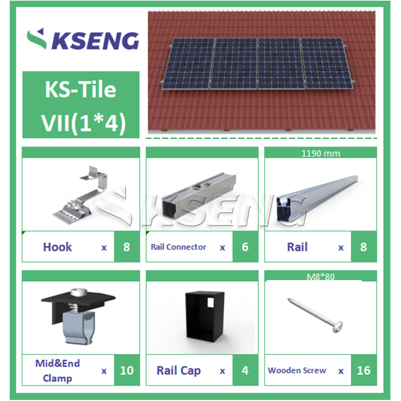 R121 tile roof solar mounting components including roof hooks, clamps and rails
