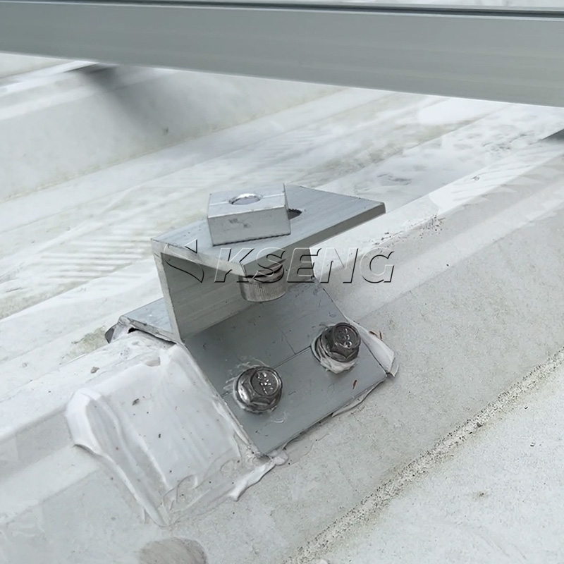 Close-up of AL6005-T5 aluminum drill trapezoidal roof solar clamp folded structure