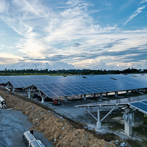 East-West solar ground mounting system with pile foundation installed in utility-scale solar farm