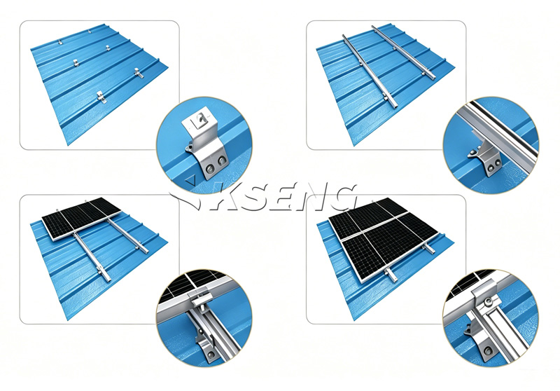 Kseng Drill Type Trapezoidal Metal Roof Solar Clamp Complete PV Mounting System Installation Step Drawing Installation step diagram of Kseng drill-type trapezoidal metal roof solar clamp, bolt-down PV mounting system assembly process with AL6005-T5 fixture and SUS304 hardwaree