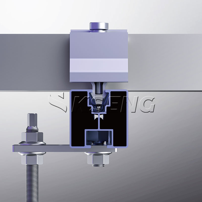 Cross-section view of hanger bolt installation on steel purlin metal roof 